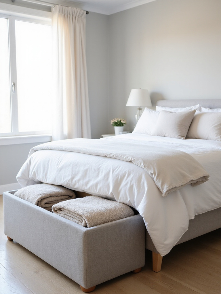 Light gray upholstered storage bench at the foot of a queen-sized bed with folded blankets inside.