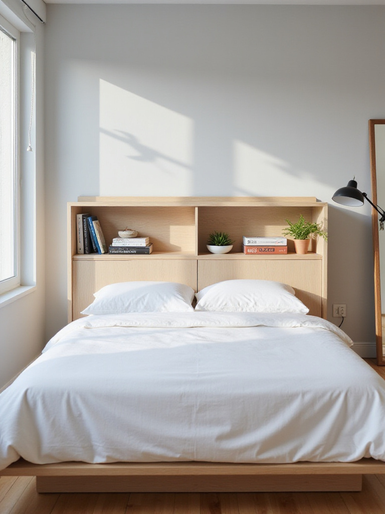 Modern bedroom with a light wood storage headboard filled with books, a plant, and a lamp.