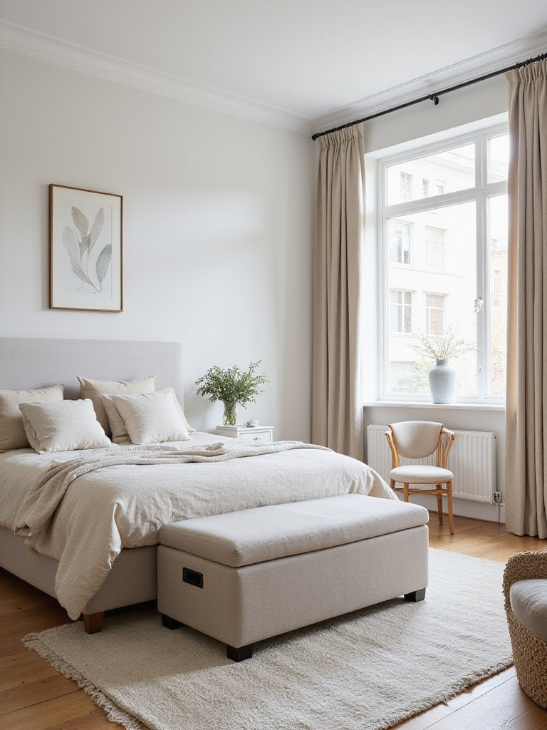 Stylish bedroom with a fabric storage ottoman at the foot of the bed providing seating and hidden storage.