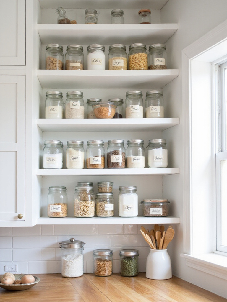 Mason jars filled with dry ingredients displayed on farmhouse kitchen shelving