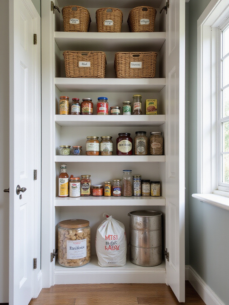 Organized pantry with designated zones for frequently and infrequently used items.