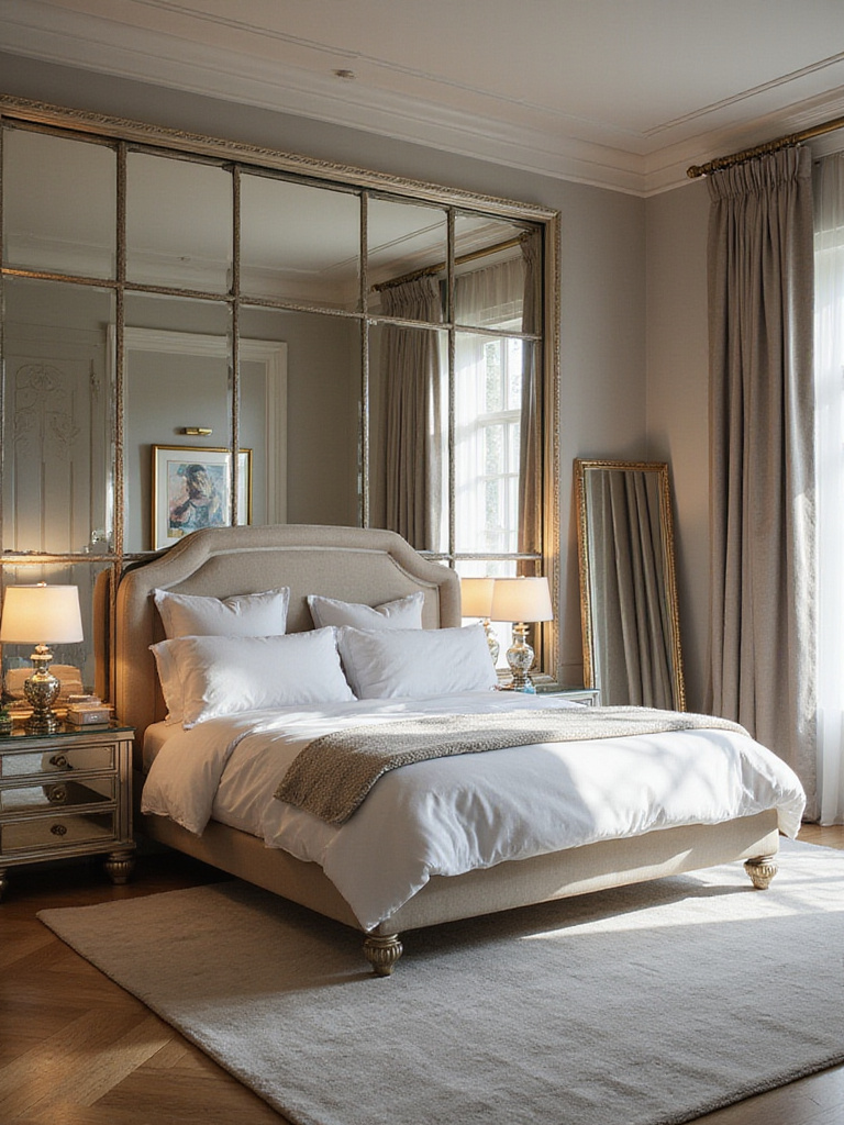 Romantic bedroom with mirrored wall, nightstands, and leaning mirror reflecting light and creating a spacious feel