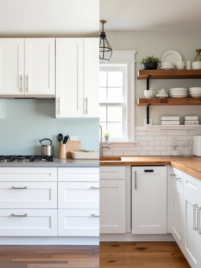 White kitchen cabinets in modern minimalist and rustic farmhouse kitchen styles showcasing their versatility.