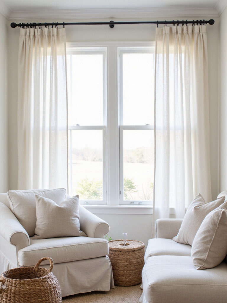 Modern farmhouse living room with light linen curtains
