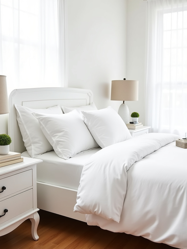 White bedroom with matching white nightstands, styled with a lamp, books, and decorative accessories.