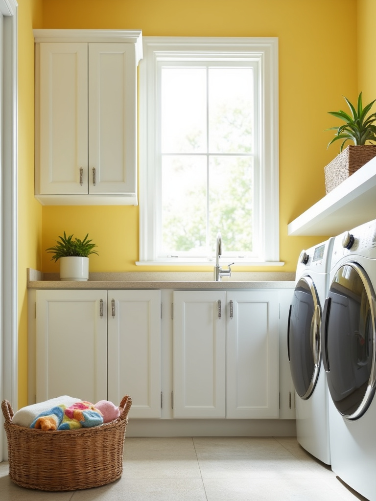 Cheerful laundry room with yellow walls and white cabinets