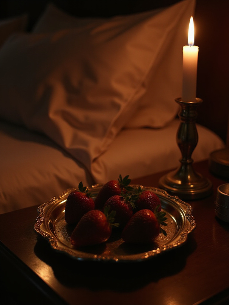 Chocolate-covered strawberries and candlelight on a romantic bedroom nightstand.