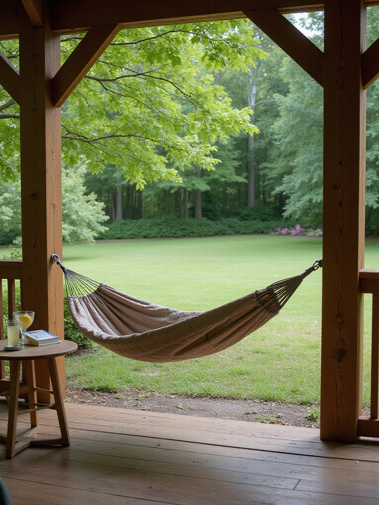 Relaxing quilted hammock on a spacious deck overlooking a green lawn and garden.