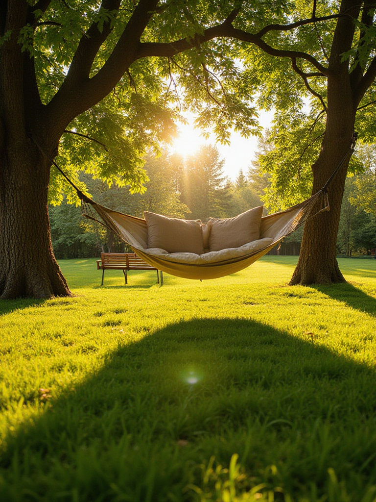 Lawn garden with hammock strung between trees and a wooden swing set