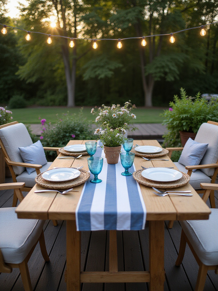 Stylish outdoor dining table set for four on a decorated deck.