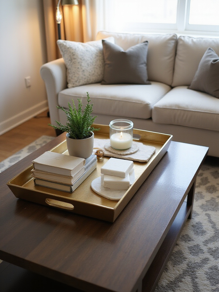 Organized coffee table with metal tray holding books, succulent, candle, and coasters in a modern apartment living room.