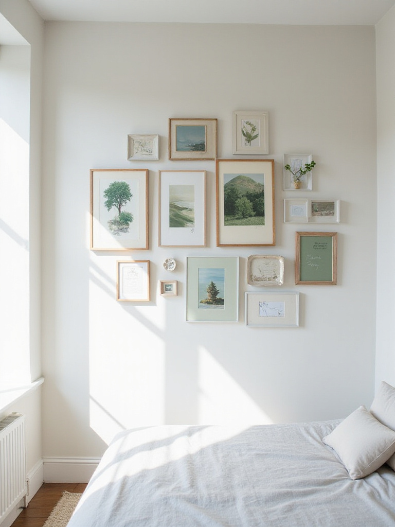 Apartment bedroom with a personalized gallery wall featuring framed art and photos.