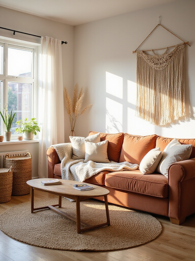 Apartment living room featuring layered textures like velvet, knit, jute, and macrame to create a cozy and inviting space.