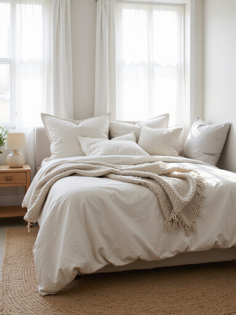 Cozy bedroom with linen bedding, wool throw, and jute rug.