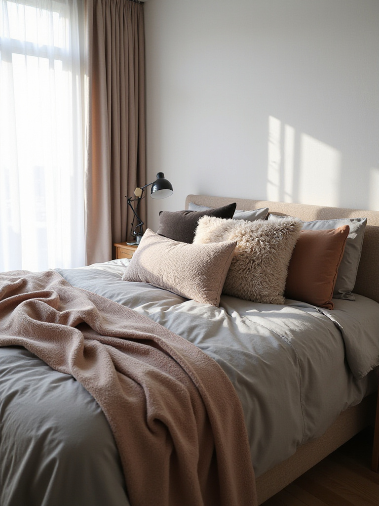 Cozy apartment bedroom featuring plush pillows and a soft throw blanket for added comfort and style.