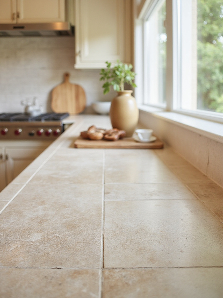 Elegant kitchen with honed travertine countertops and warm off-white cabinets.