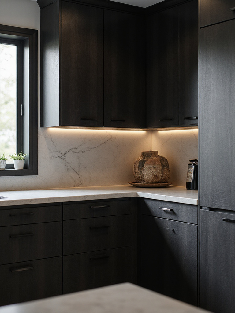 Black kitchen cabinets with visible wood grain texture