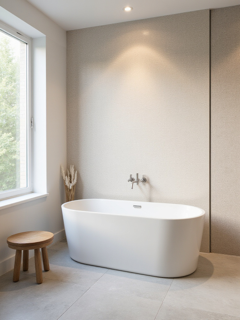 Bathroom featuring beige grasscloth textured wallpaper and a freestanding bathtub.