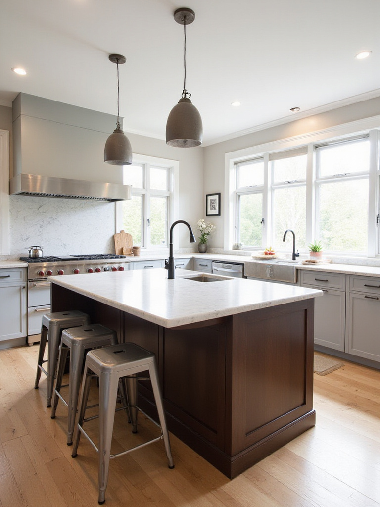 Modern kitchen island with sink, seating, and ample counter space