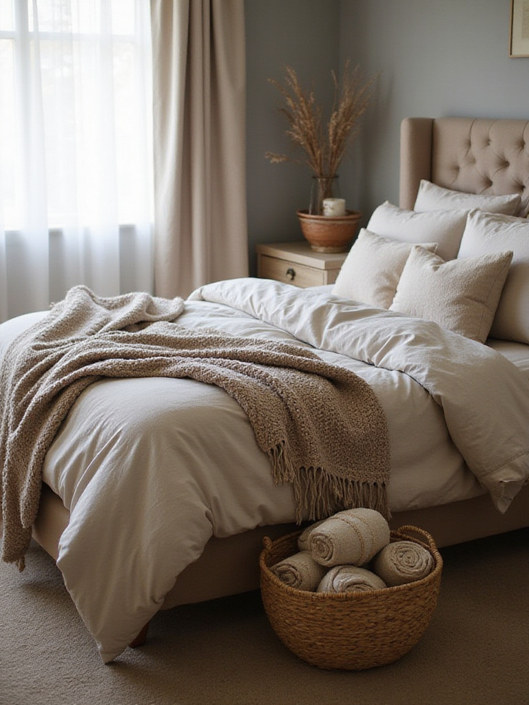 Cozy bedroom with chunky knit and patterned throw blankets creating a warm and inviting atmosphere.