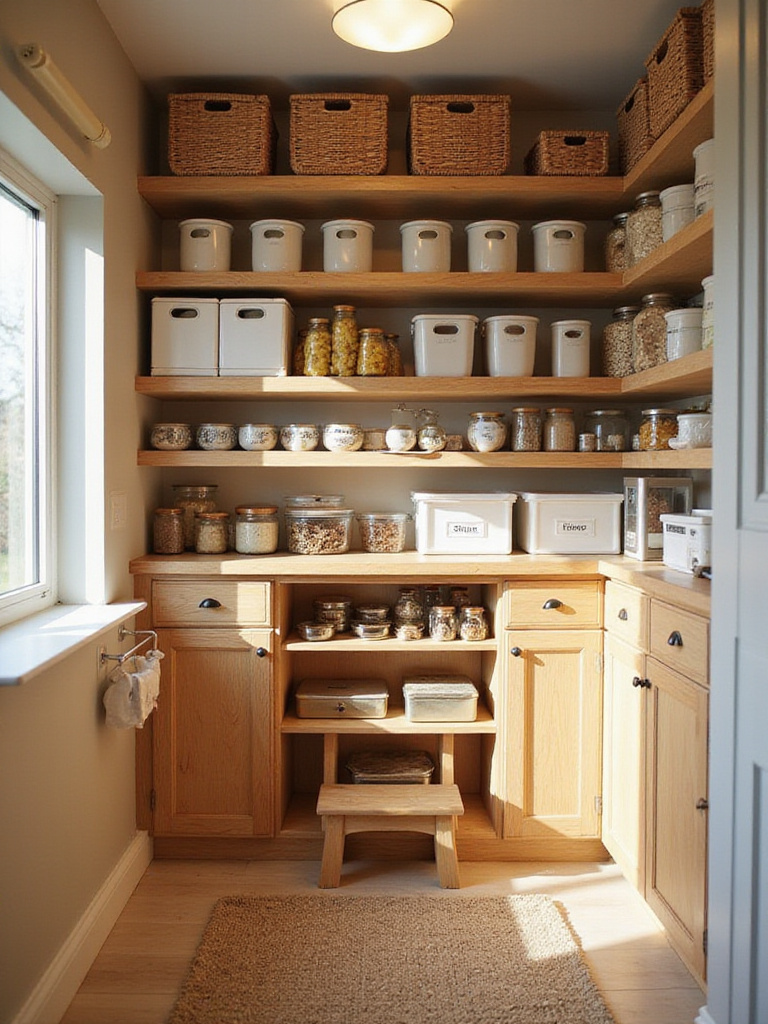 Well organized kitchen pantry with labeled containers and neatly arranged shelves.