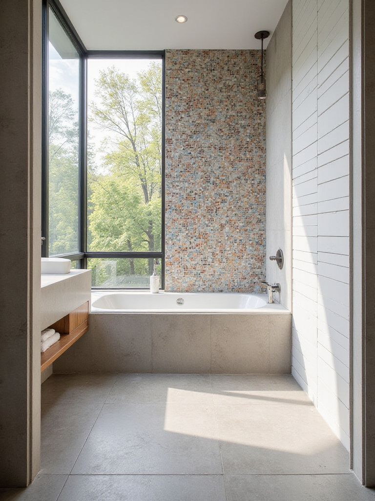 Modern bathroom featuring textured and patterned tiles on walls and floors.