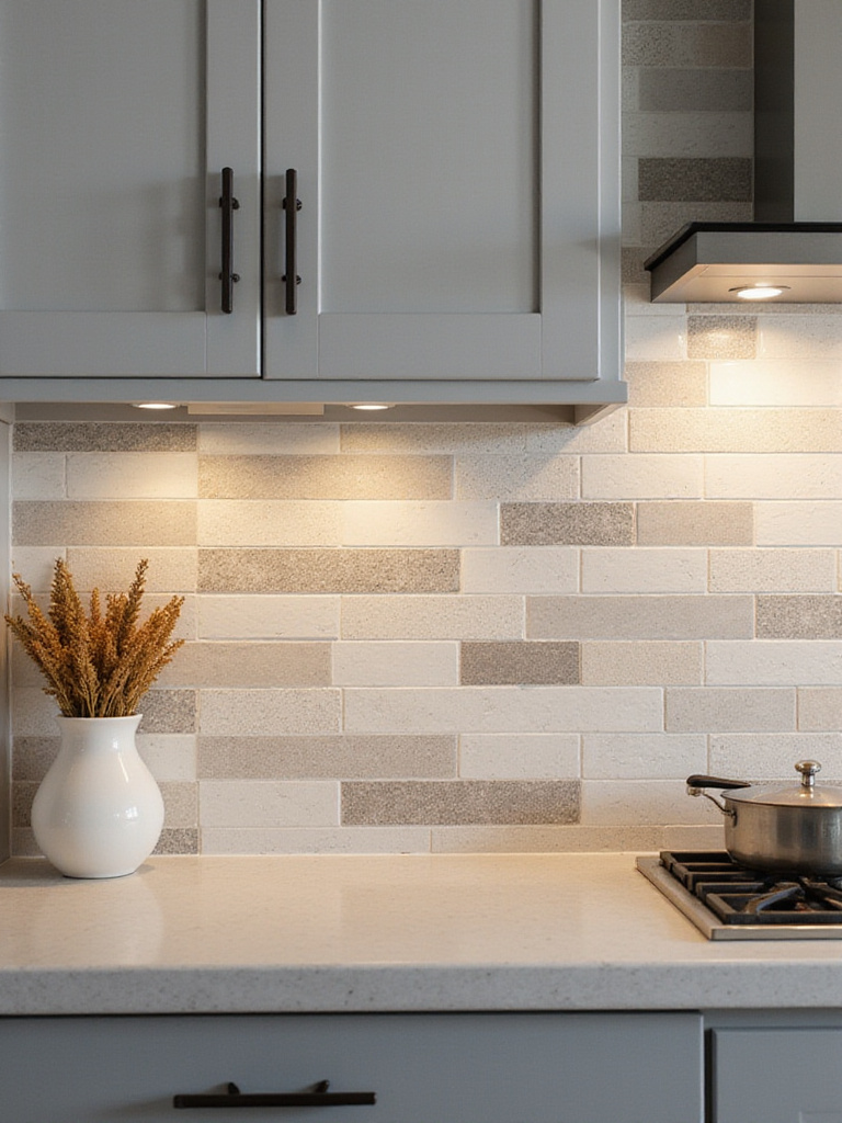 Modern kitchen backsplash featuring a combination of ceramic and porcelain tiles in a creative pattern.