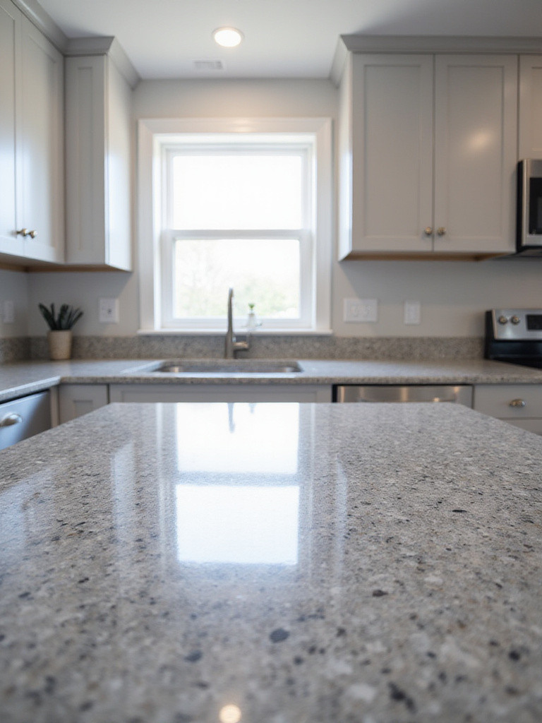 Modern kitchen with classic grey granite countertops and stainless steel appliances.