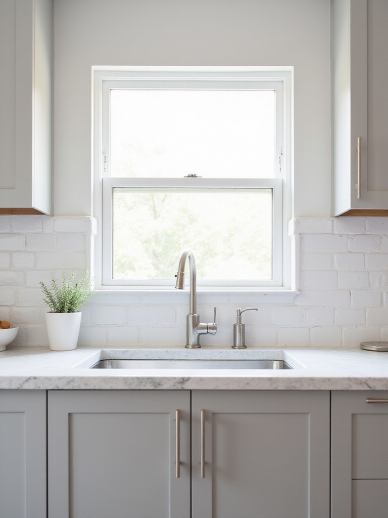 Modern kitchen with white herringbone subway tile backsplash and light grey cabinets