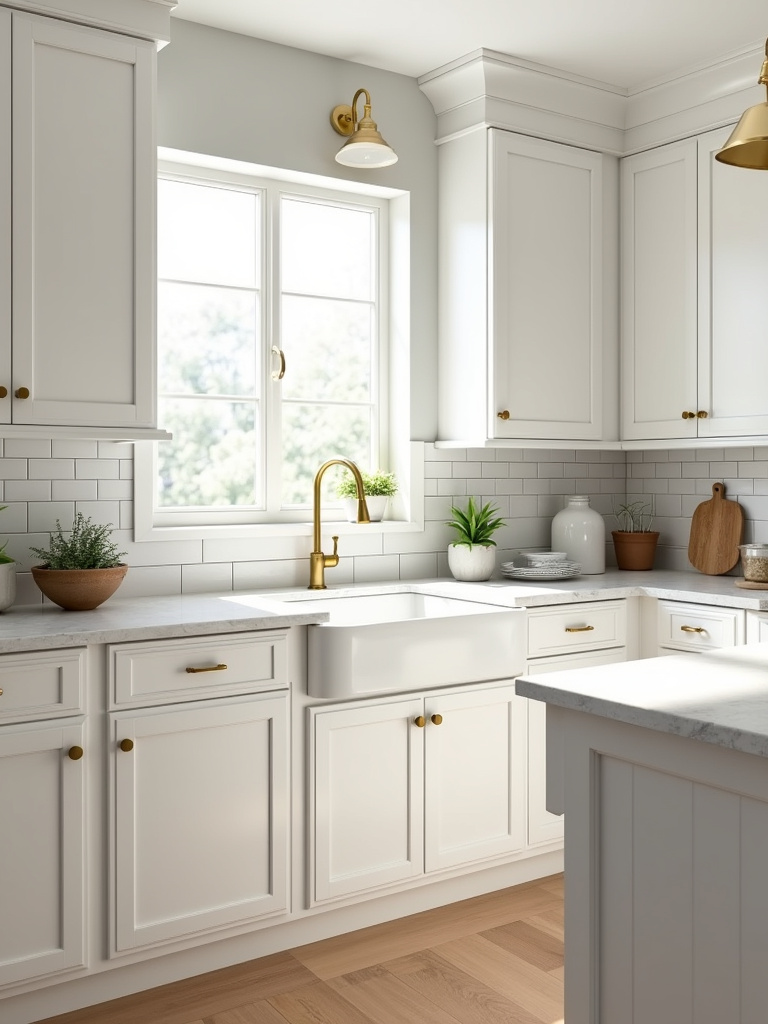 Timeless white shaker kitchen cabinets with marble countertops and brass hardware.