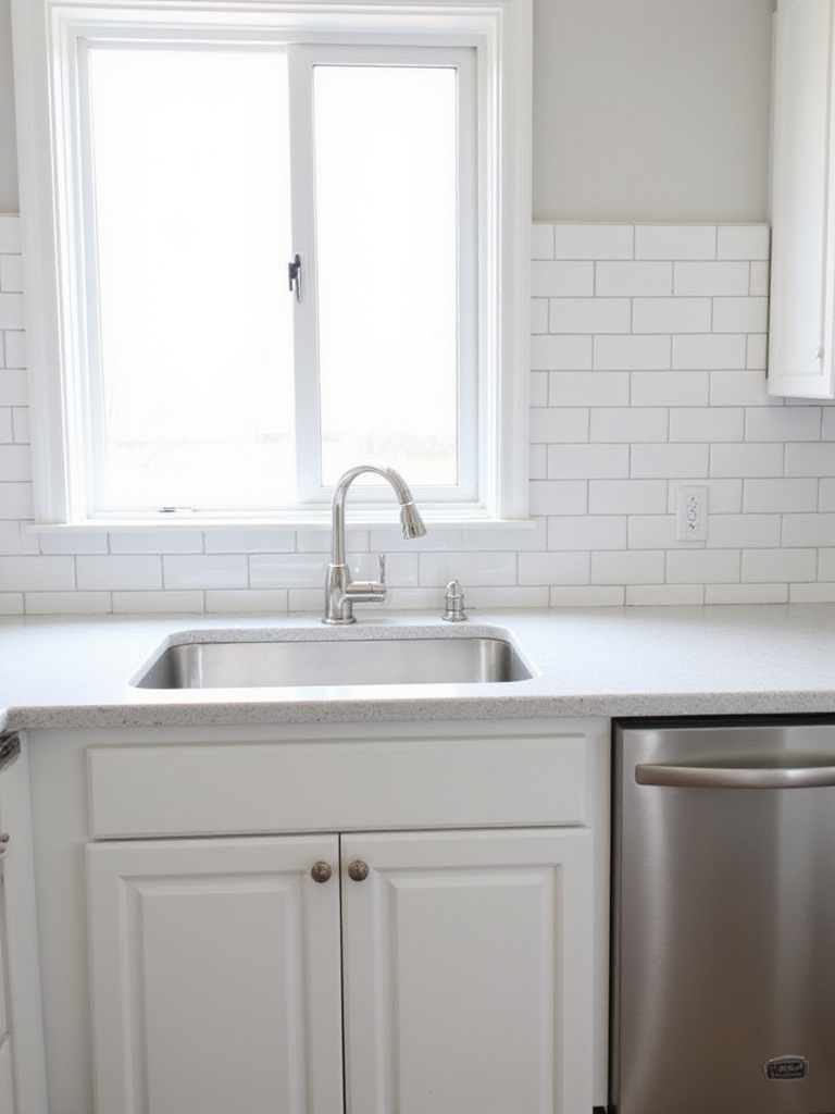 White subway tile backsplash with light gray grout in a modern farmhouse kitchen.