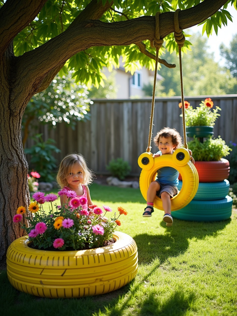 Repurposed tire planters and swings in a colorful backyard, promoting sustainable and budget-friendly outdoor decor
