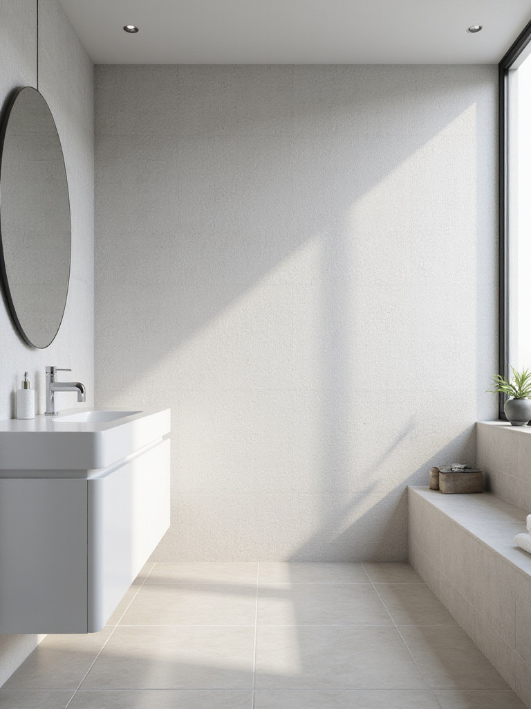 Light gray tone-on-tone linen textured wallpaper in a modern bathroom.