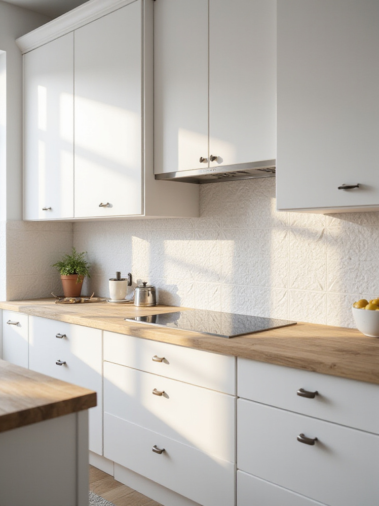 Modern kitchen backsplash featuring textured 3D geometric tiles.
