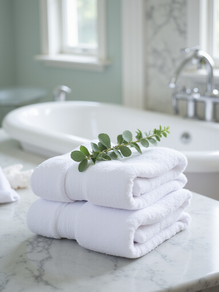 Luxurious white towels folded neatly in a spa-like bathroom setting