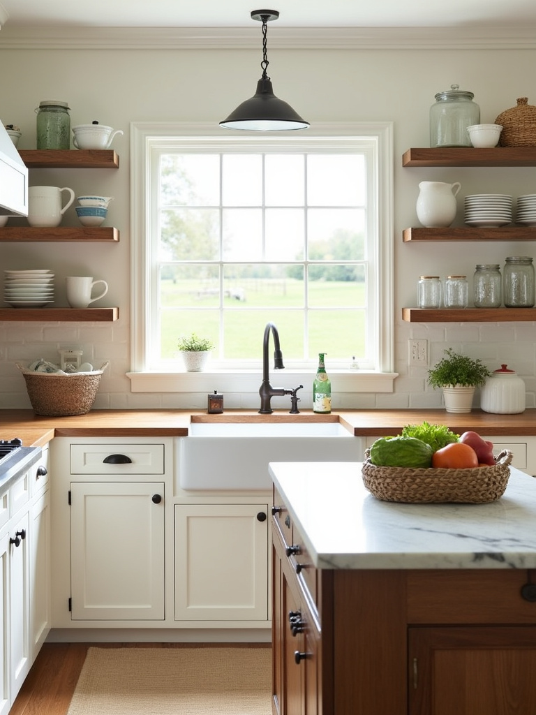 White shaker cabinets in a bright farmhouse kitchen with butcher block countertops and a farmhouse sink.