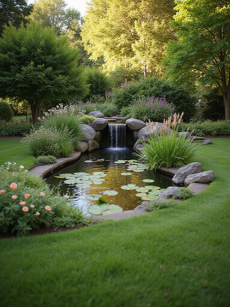 Lawn garden with tranquil pond and waterfall