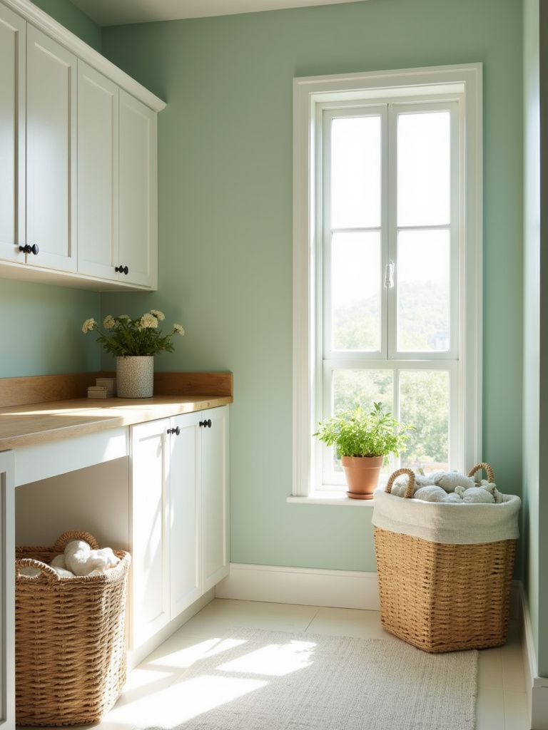 Sage green laundry room with white cabinets and natural wood countertop, creating a tranquil and calming space.