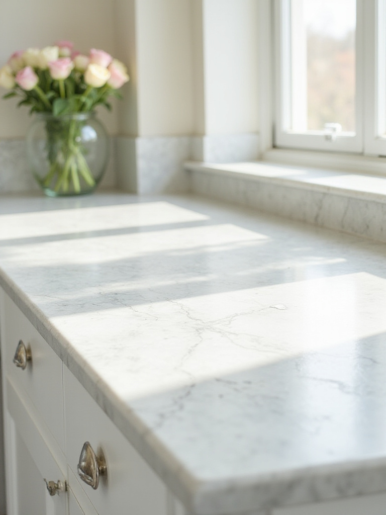 DIY painted countertop with faux marble finish in a bright kitchen