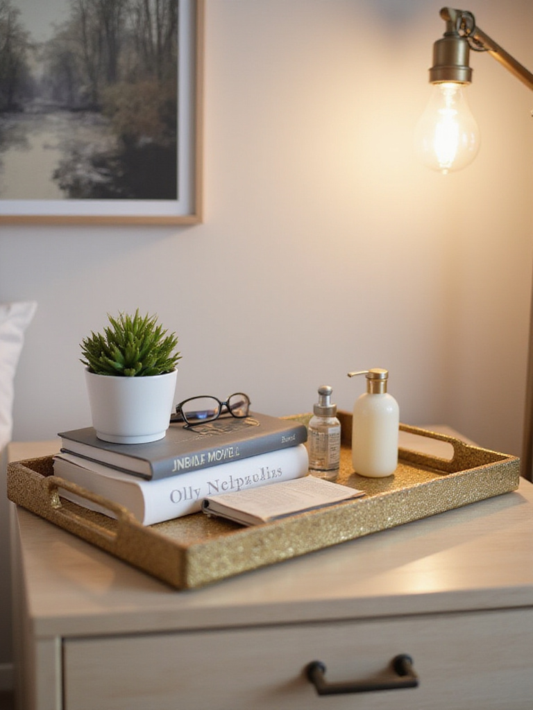 Nightstand with decorative tray holding books, glasses, lotion, and plant.