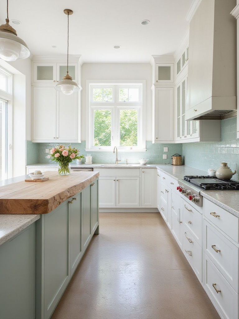 Modern kitchen featuring butcher block island countertop, grey quartz perimeter countertops, and a full height Zellige tile backsplash in muted green.