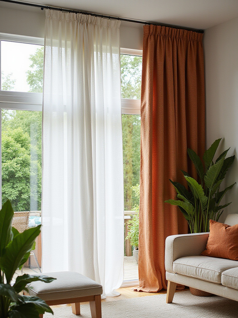 Modern living room with layered sheer linen and terracotta drapes on hidden track system.
