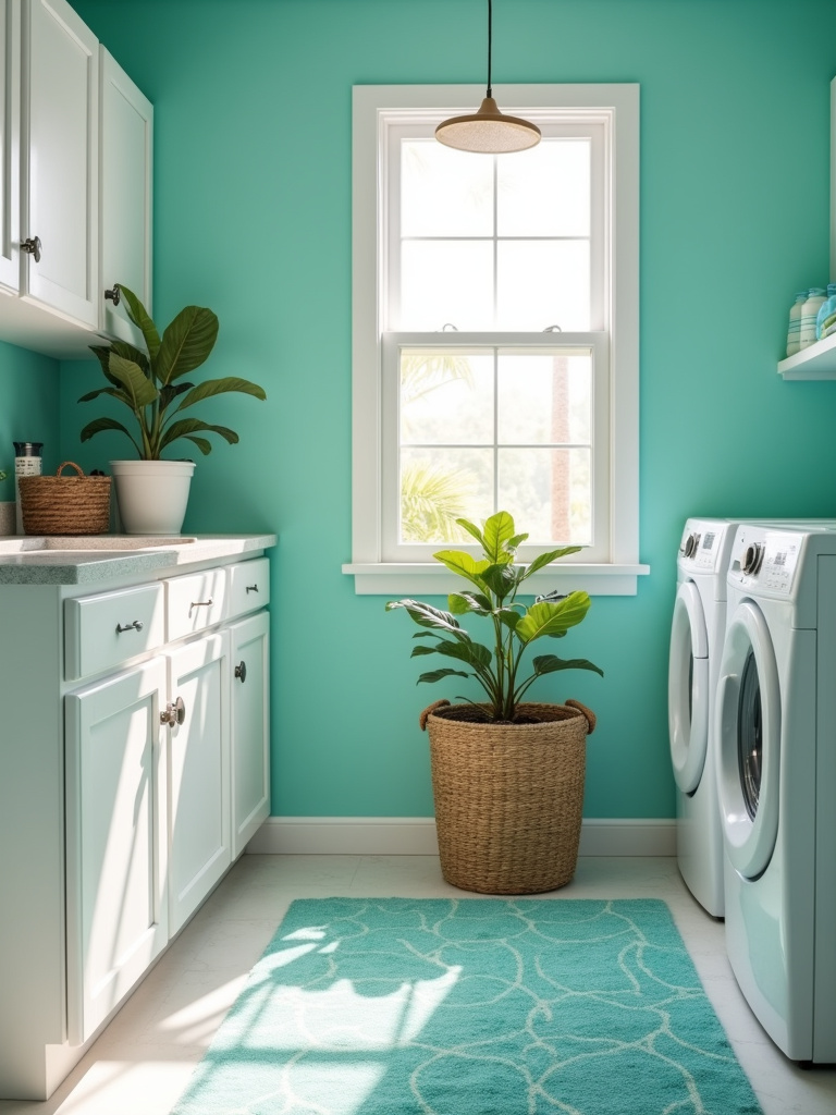 Bright laundry room with turquoise walls and white cabinets, creating a tropical getaway atmosphere.