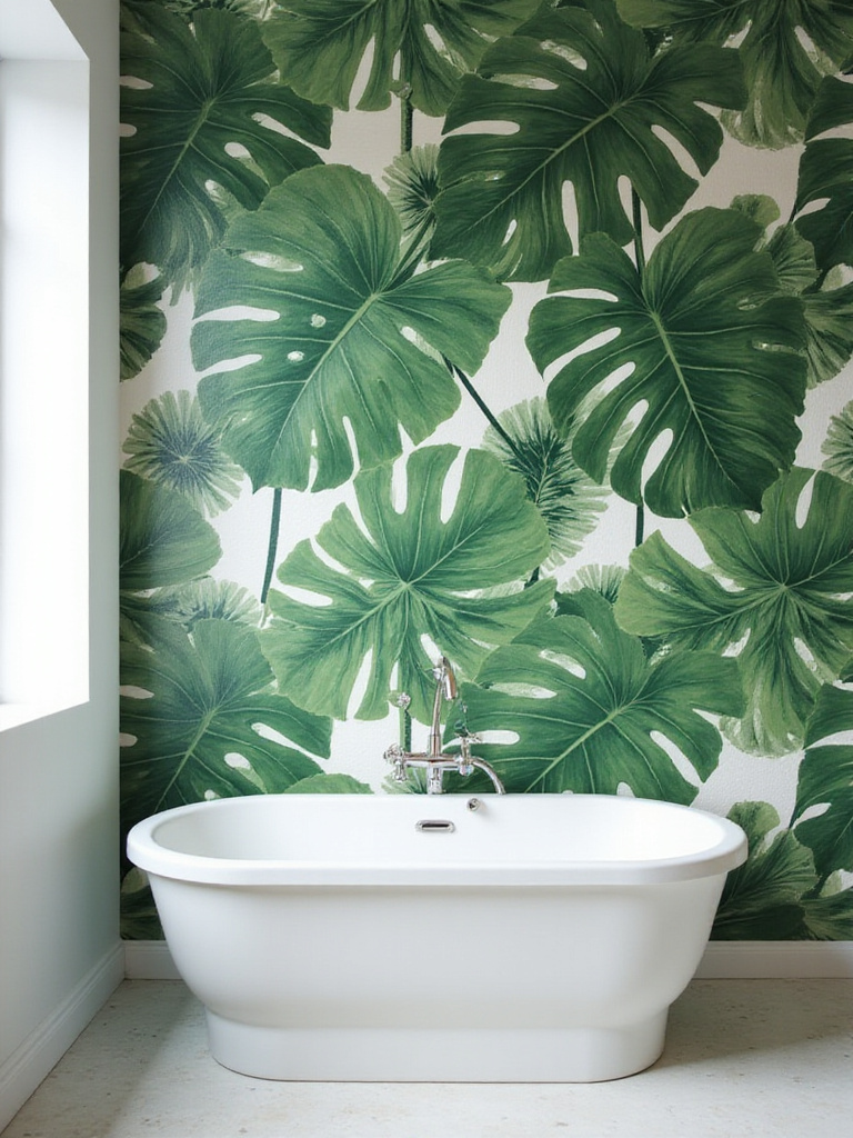 Bathroom with tropical monstera leaf wallpaper and white bathtub