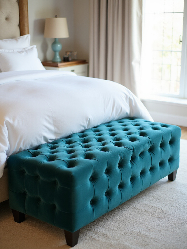 Teal velvet tufted ottoman at the foot of a luxurious king-sized bed