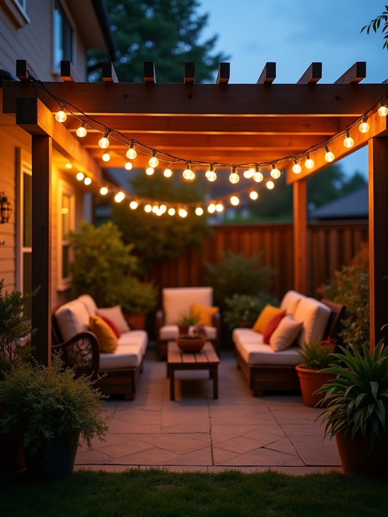 Backyard patio illuminated with affordable string lights creating a warm and inviting outdoor space.