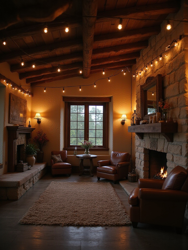 Rustic living room with string lights creating a cozy atmosphere
