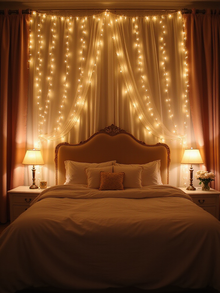 Romantic bedroom with fairy lights draped around the headboard and curtains, creating a warm and inviting atmosphere.
