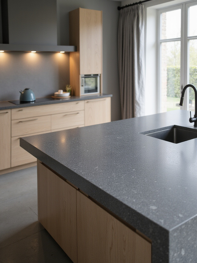 Modern kitchen with dark gray Dekton countertops and waterfall island.