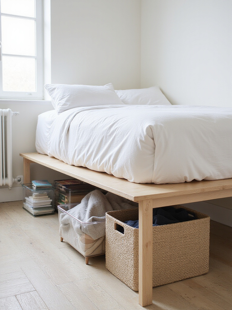 Organized under-bed storage solutions in a small apartment bedroom.